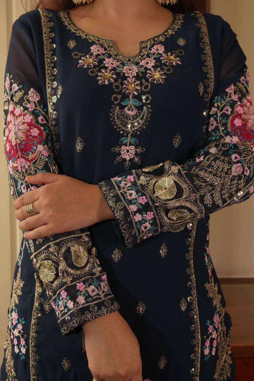 Graceful Grey Color Sequence Embroidered Palazzo Suit With Dupatta