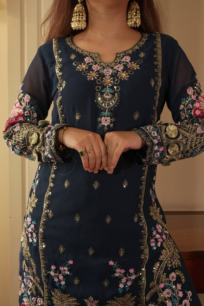 Graceful Grey Color Sequence Embroidered Palazzo Suit With Dupatta