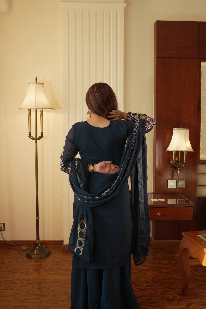 Graceful Grey Color Sequence Embroidered Palazzo Suit With Dupatta