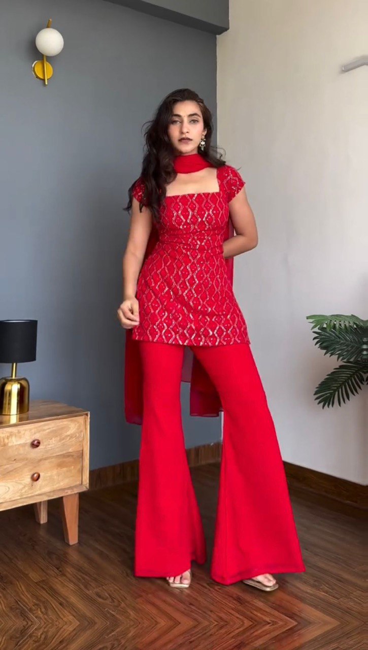 Beautiful Georgette Embroidered Red Color Palazzo Suit