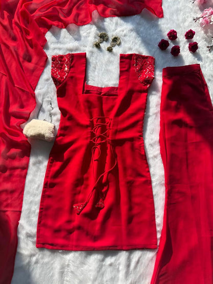 Beautiful Georgette Embroidered Red Color Palazzo Suit