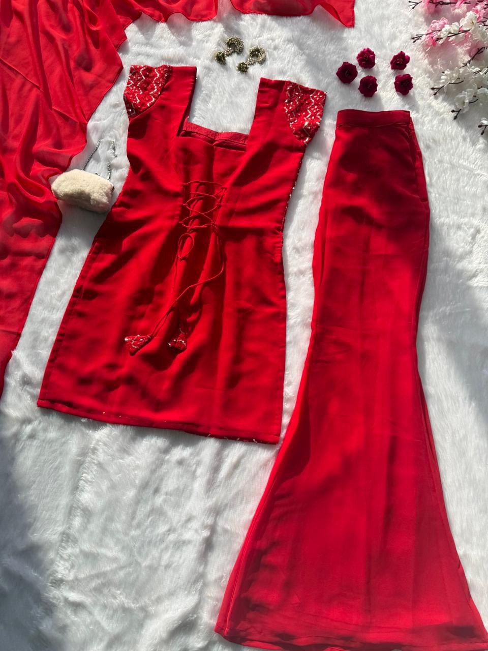 Beautiful Georgette Embroidered Red Color Palazzo Suit