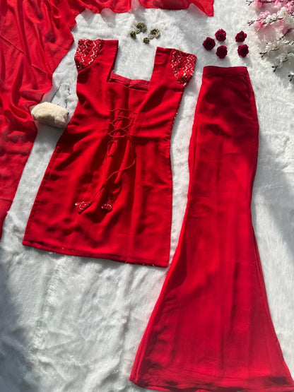 Beautiful Georgette Embroidered Red Color Palazzo Suit