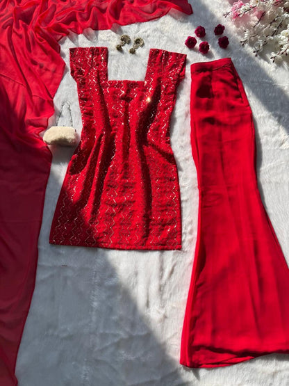 Beautiful Georgette Embroidered Red Color Palazzo Suit