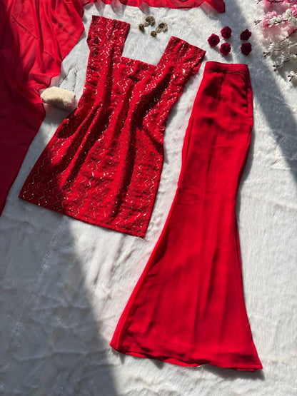 Beautiful Georgette Embroidered Red Color Palazzo Suit