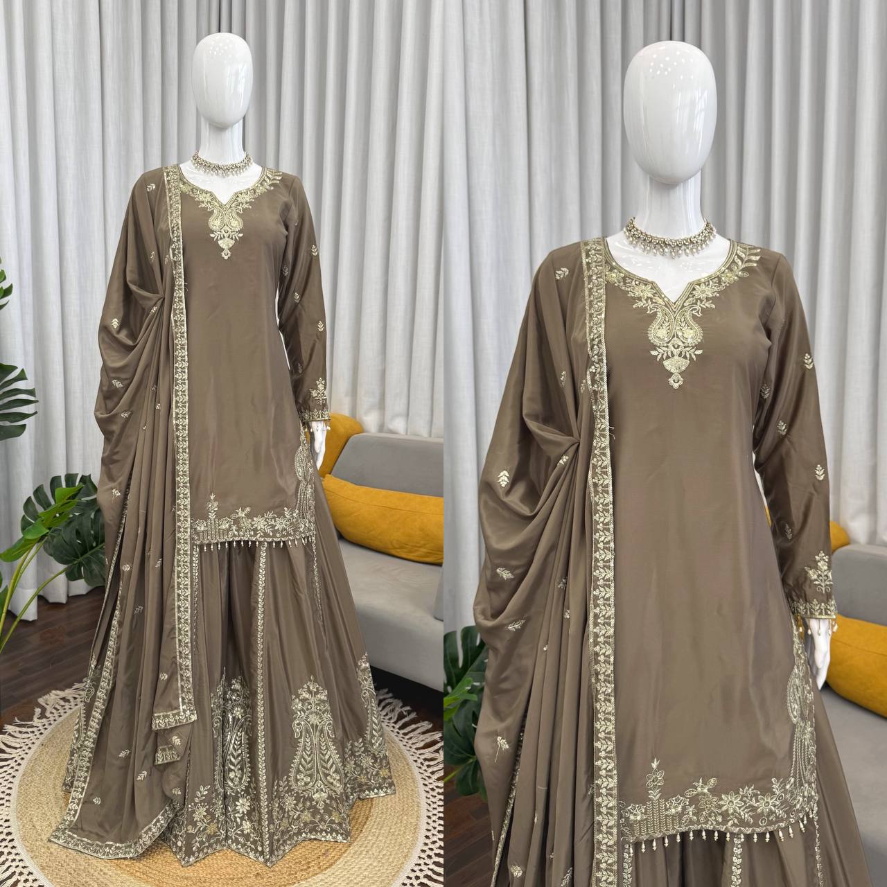 Party Wear Beige Color Natural Crepe Sharara Suit Set