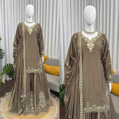 Party Wear Beige Color Natural Crepe Sharara Suit Set
