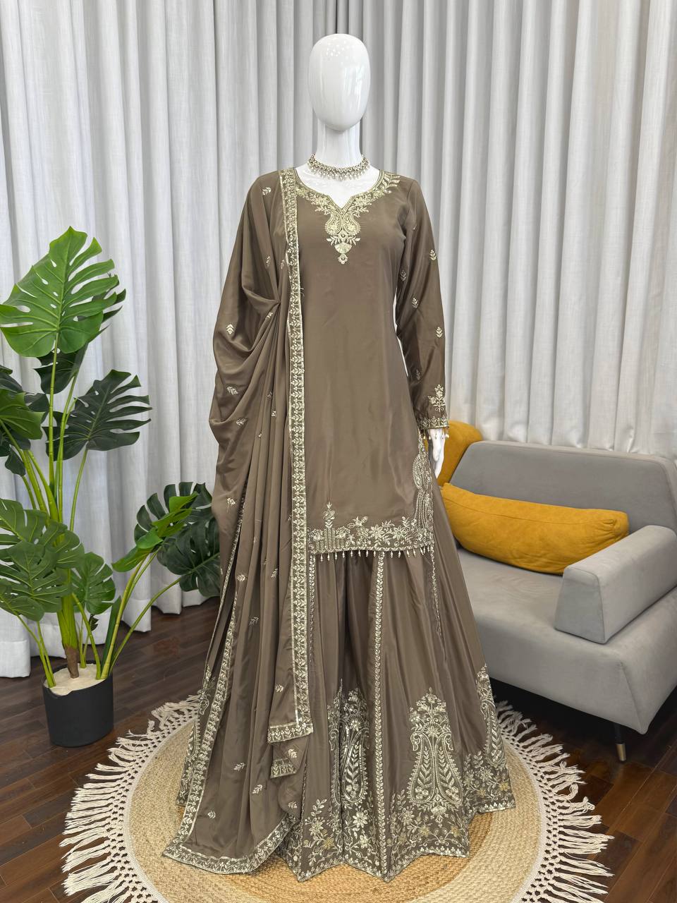Party Wear Beige Color Natural Crepe Sharara Suit Set