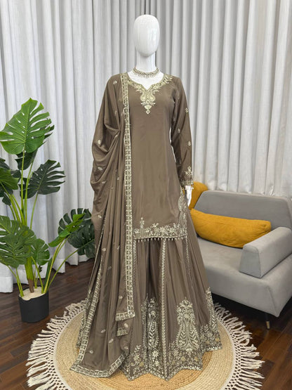 Party Wear Beige Color Natural Crepe Sharara Suit Set