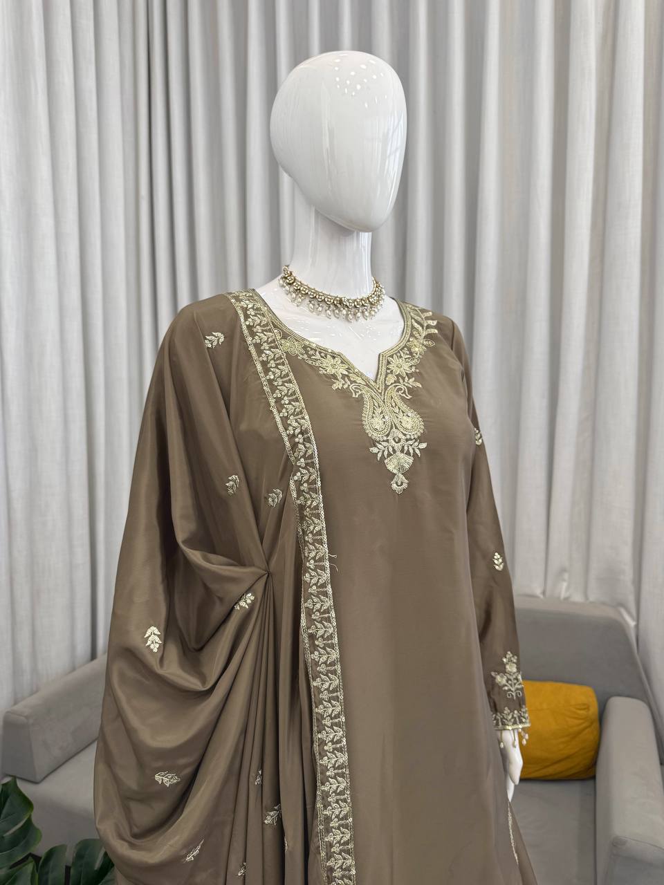 Party Wear Beige Color Natural Crepe Sharara Suit Set