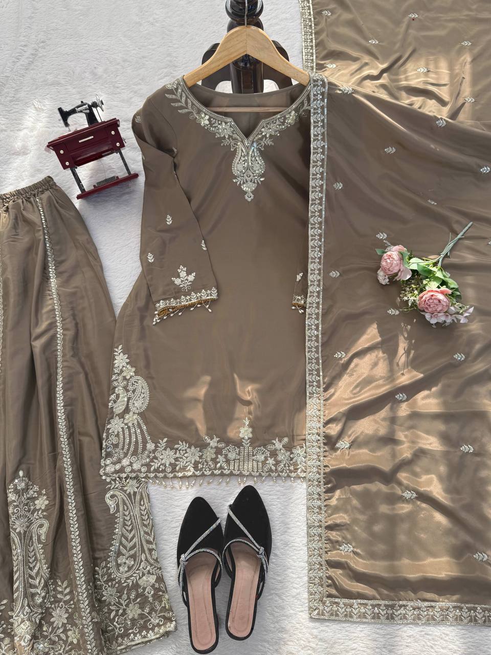 Party Wear Beige Color Natural Crepe Sharara Suit Set