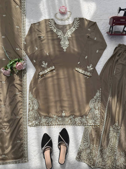 Party Wear Beige Color Natural Crepe Sharara Suit Set