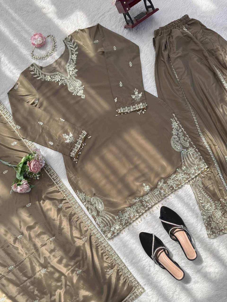 Party Wear Beige Color Natural Crepe Sharara Suit Set