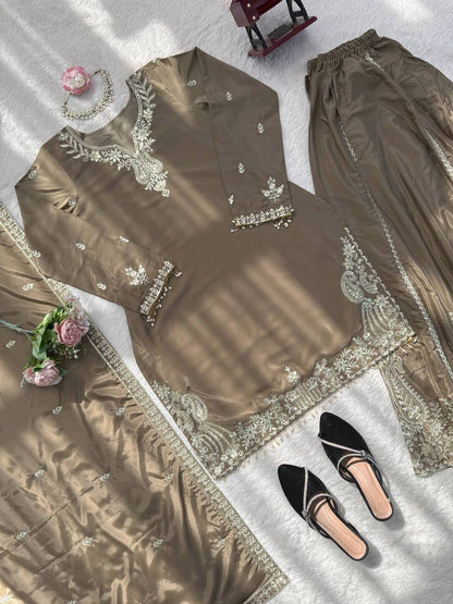 Party Wear Beige Color Natural Crepe Sharara Suit Set