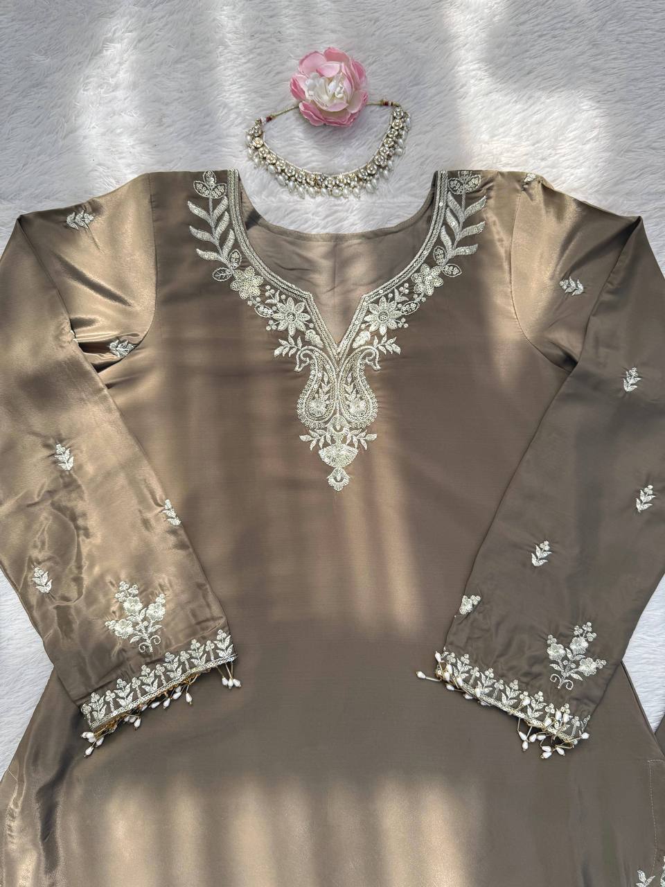 Party Wear Beige Color Natural Crepe Sharara Suit Set