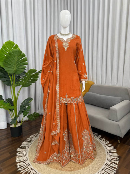 Party Wear Orange Color Natural Crepe Sharara Suit Set