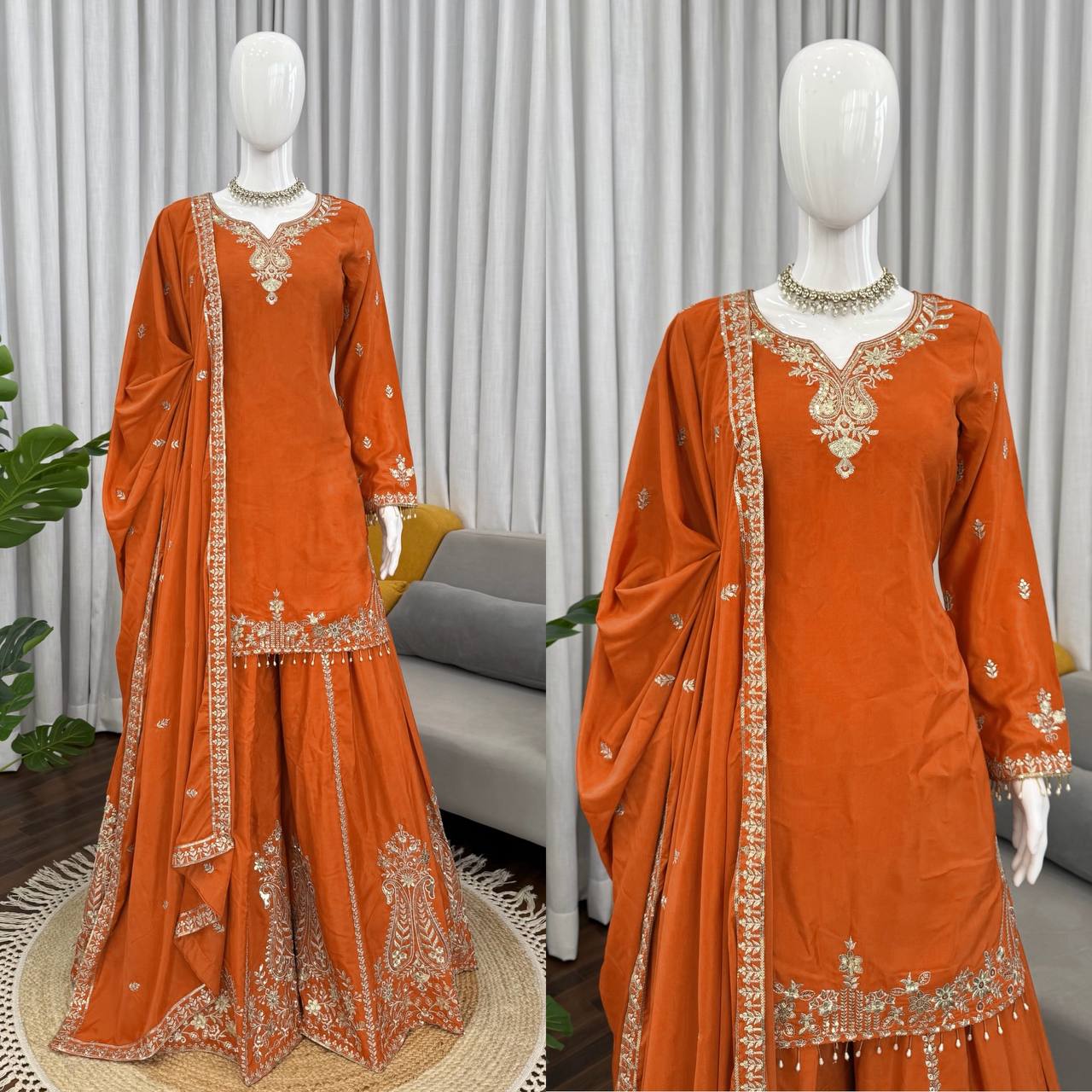 Party Wear Orange Color Natural Crepe Sharara Suit Set