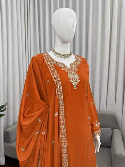 Party Wear Orange Color Natural Crepe Sharara Suit Set