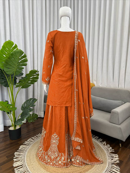 Party Wear Orange Color Natural Crepe Sharara Suit Set