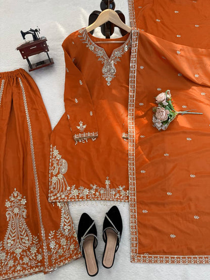 Party Wear Orange Color Natural Crepe Sharara Suit Set