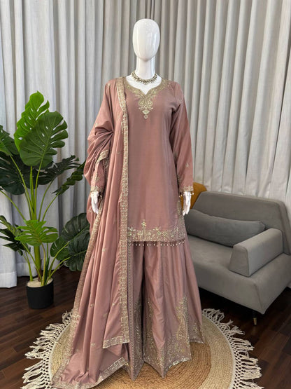 Party Wear Dusty Peach Color Natural Crepe Sharara Suit Set