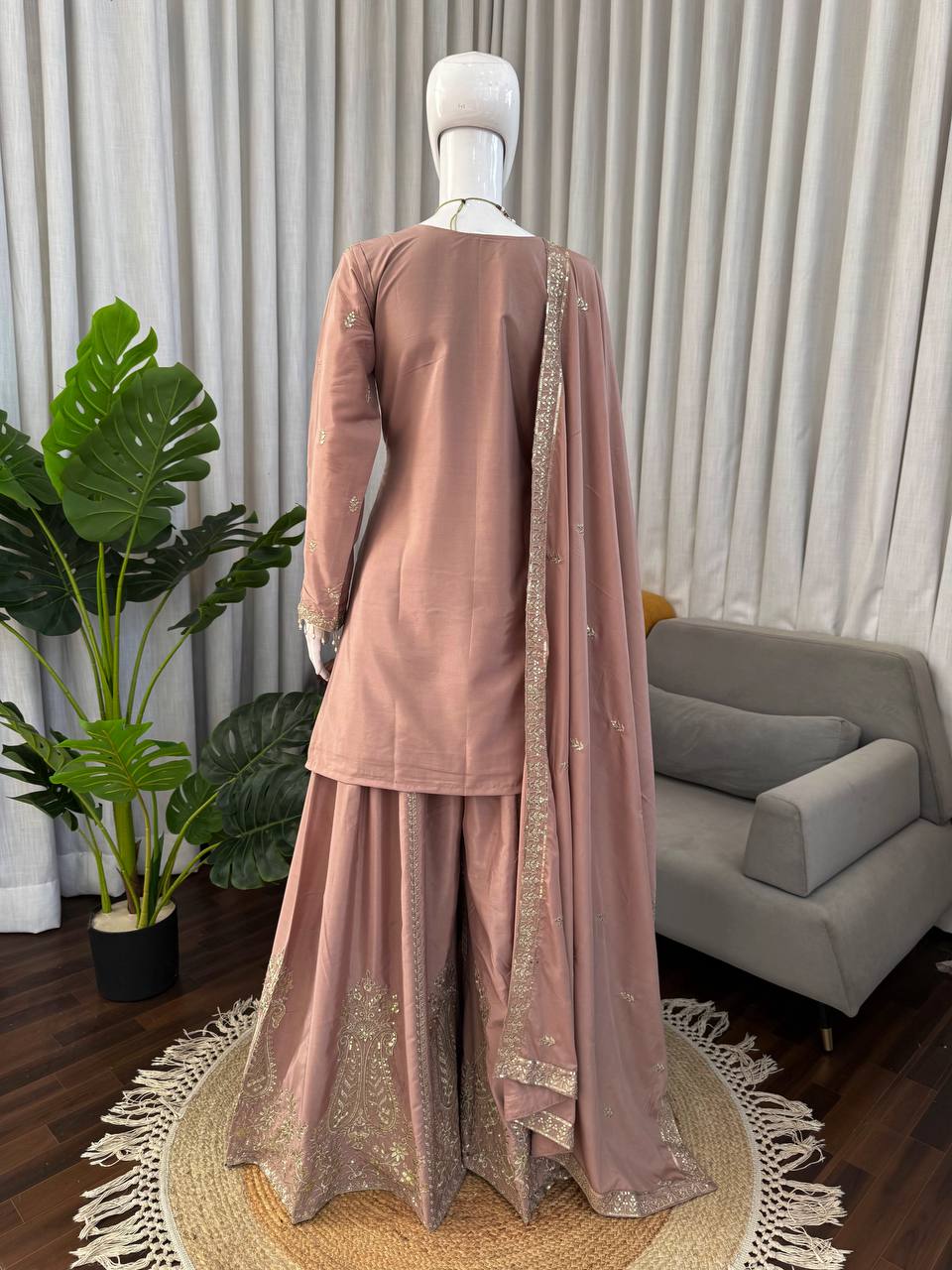 Party Wear Dusty Peach Color Natural Crepe Sharara Suit Set