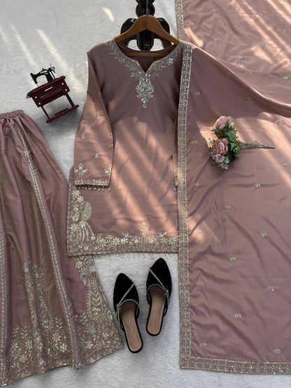 Party Wear Dusty Peach Color Natural Crepe Sharara Suit Set