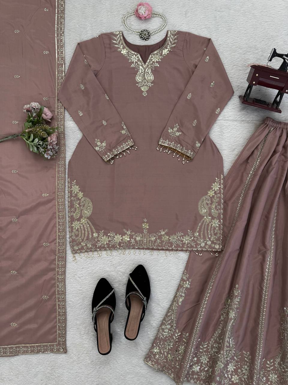 Party Wear Dusty Peach Color Natural Crepe Sharara Suit Set