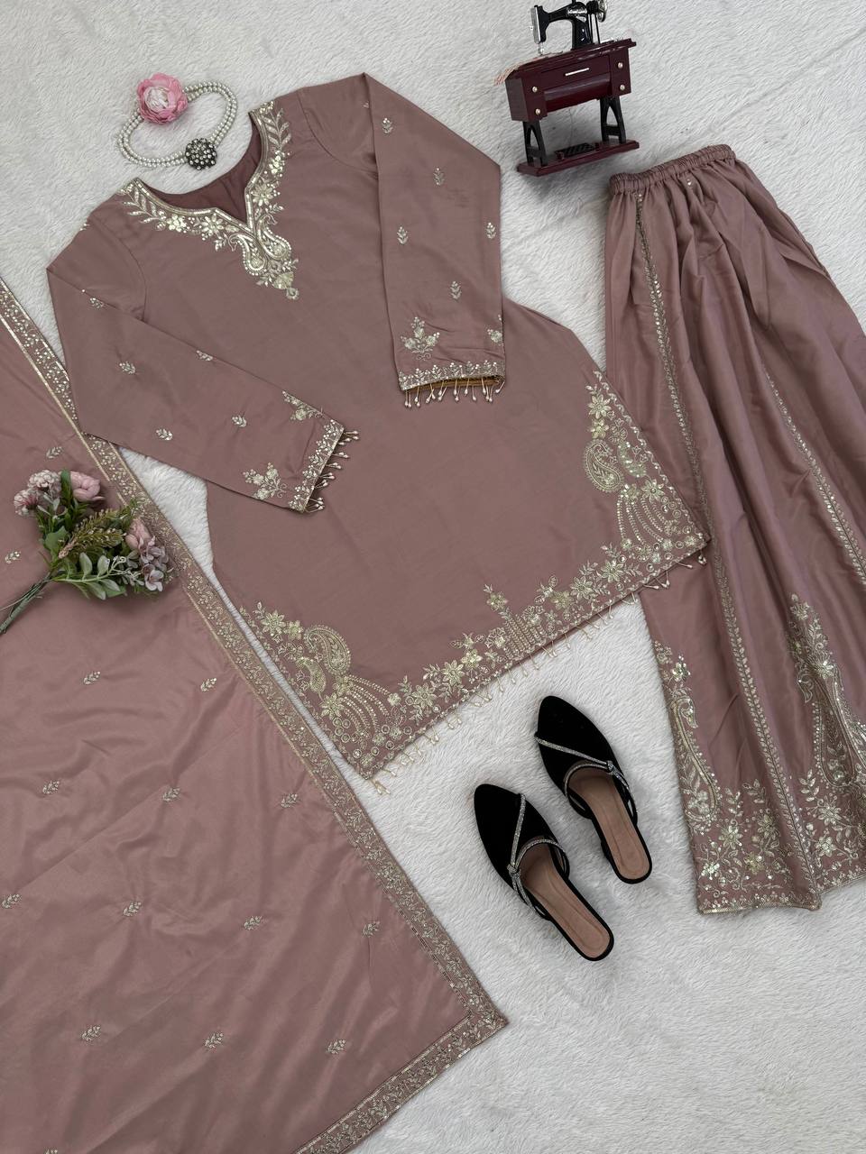 Party Wear Dusty Peach Color Natural Crepe Sharara Suit Set