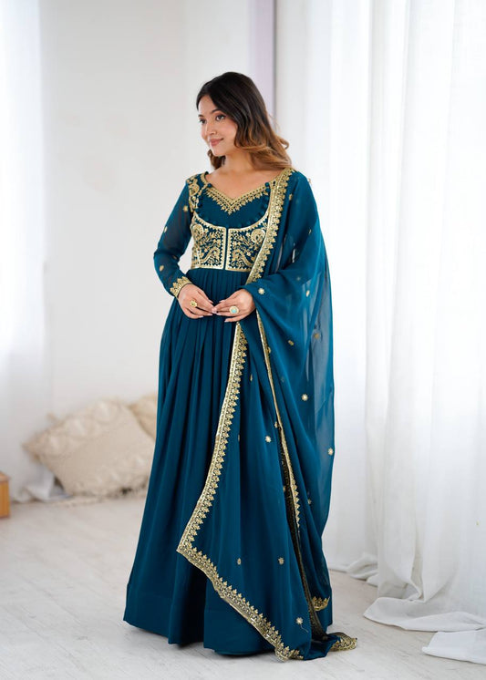 Designer Teal Blue Color Faux Georgette Anarkali Gown Suit Set