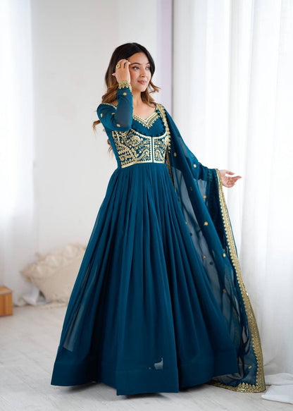 Designer Teal Blue Color Faux Georgette Anarkali Gown Suit Set