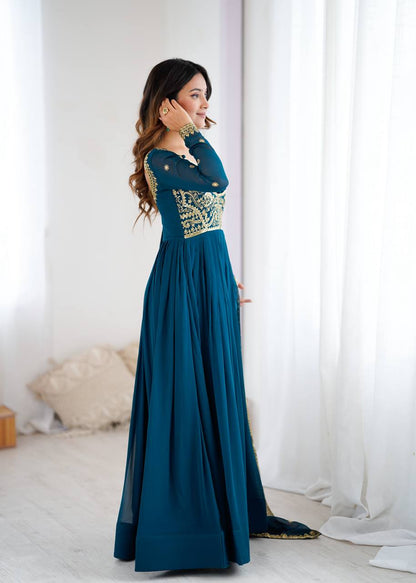 Designer Teal Blue Color Faux Georgette Anarkali Gown Suit Set