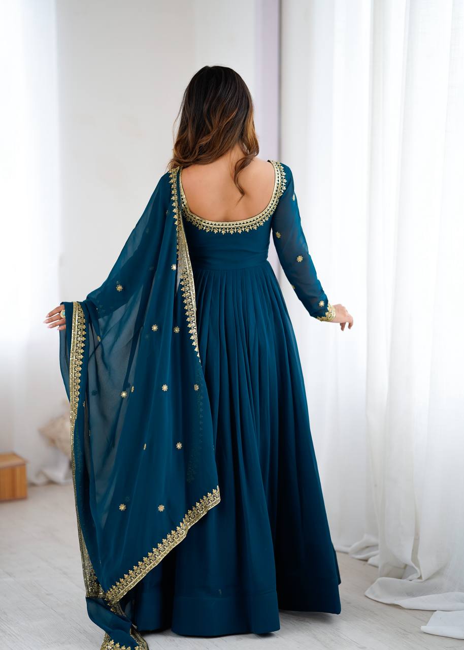 Designer Teal Blue Color Faux Georgette Anarkali Gown Suit Set