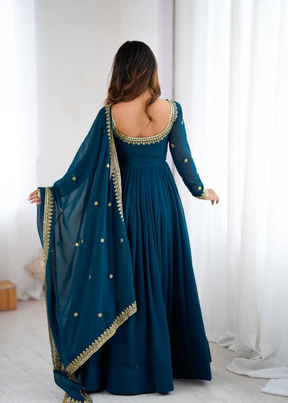 Designer Teal Blue Color Faux Georgette Anarkali Gown Suit Set
