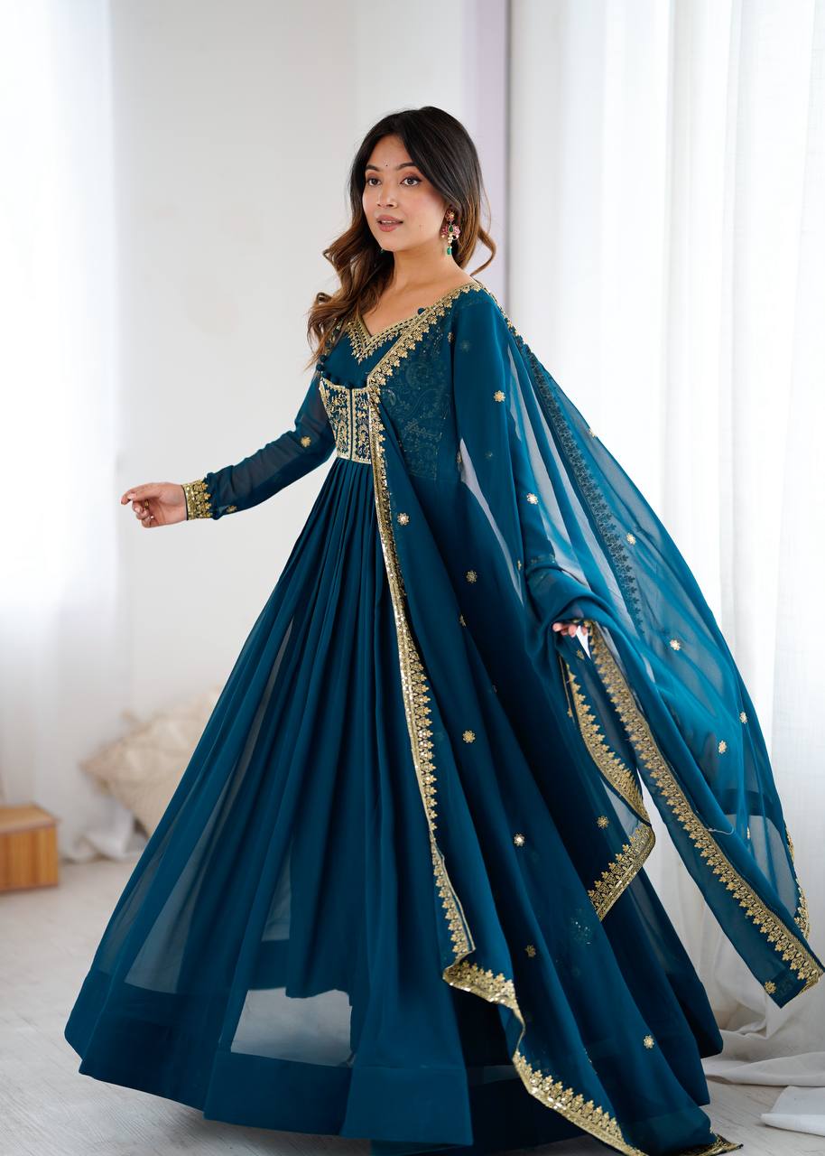 Designer Teal Blue Color Faux Georgette Anarkali Gown Suit Set