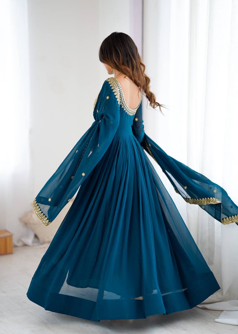 Designer Teal Blue Color Faux Georgette Anarkali Gown Suit Set