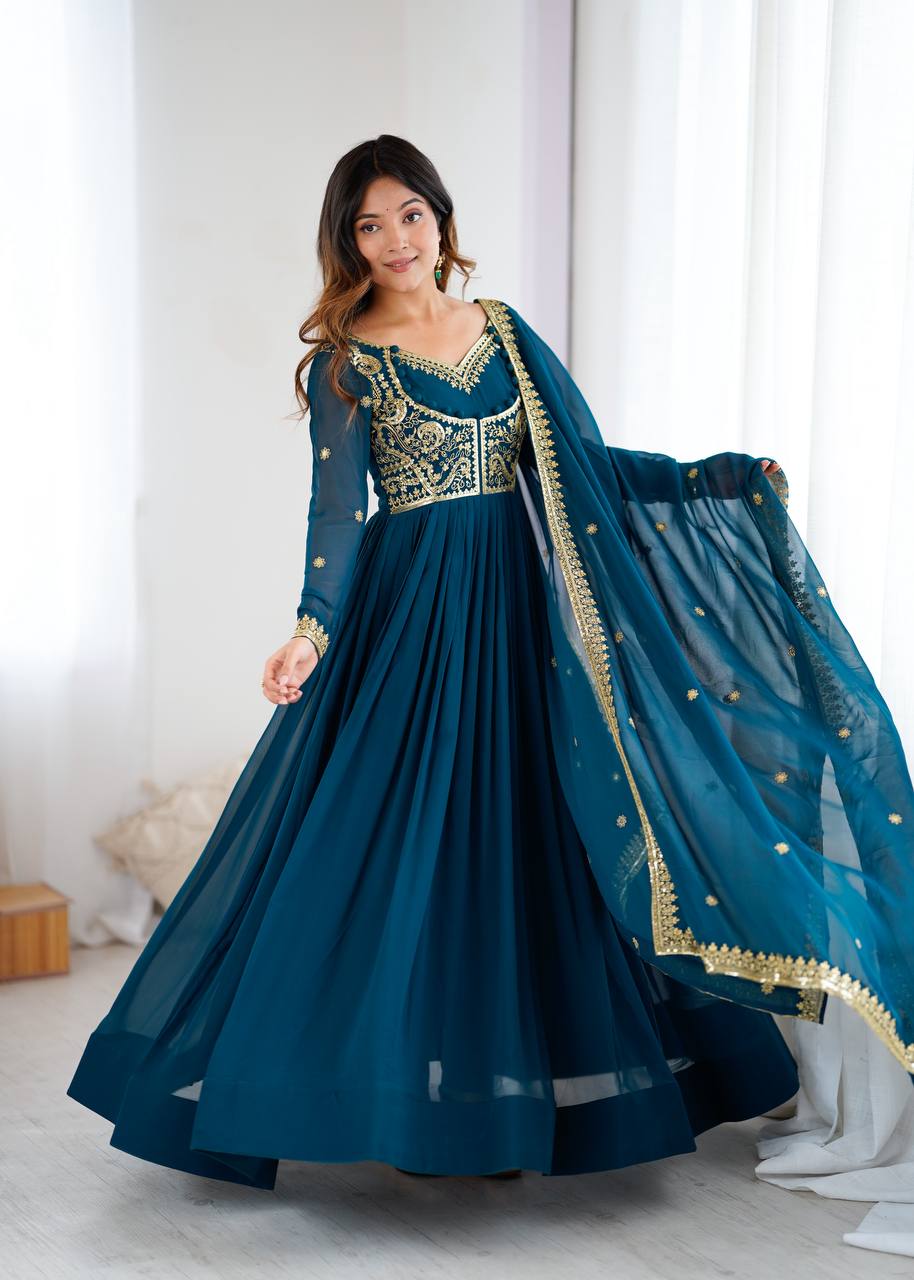 Designer Teal Blue Color Faux Georgette Anarkali Gown Suit Set
