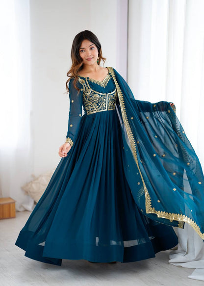 Designer Teal Blue Color Faux Georgette Anarkali Gown Suit Set
