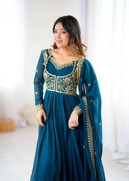 Designer Teal Blue Color Faux Georgette Anarkali Gown Suit Set
