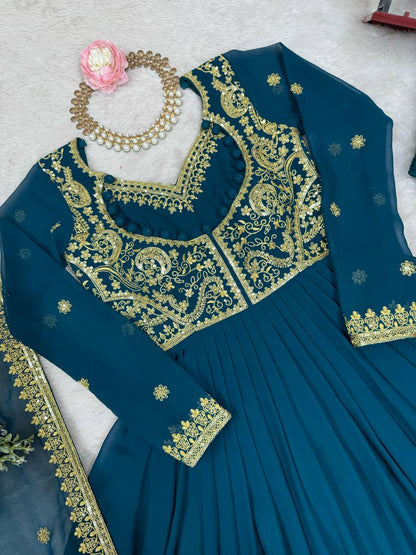 Designer Teal Blue Color Faux Georgette Anarkali Gown Suit Set
