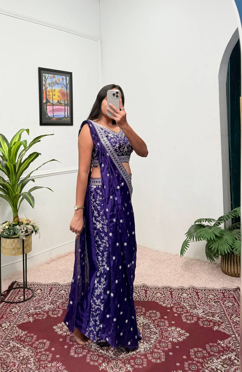 Party Wear Blue Color Chinon With Embroidery Work 3 Piece Indo-Western Set