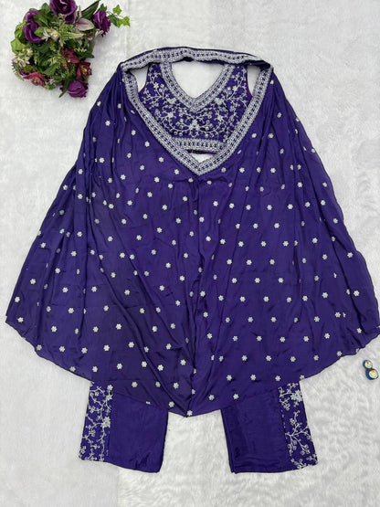 Party Wear Blue Color Chinon With Embroidery Work 3 Piece Indo-Western Set