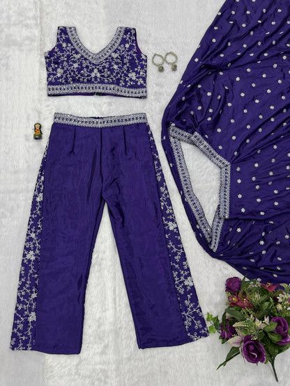 Party Wear Blue Color Chinon With Embroidery Work 3 Piece Indo-Western Set