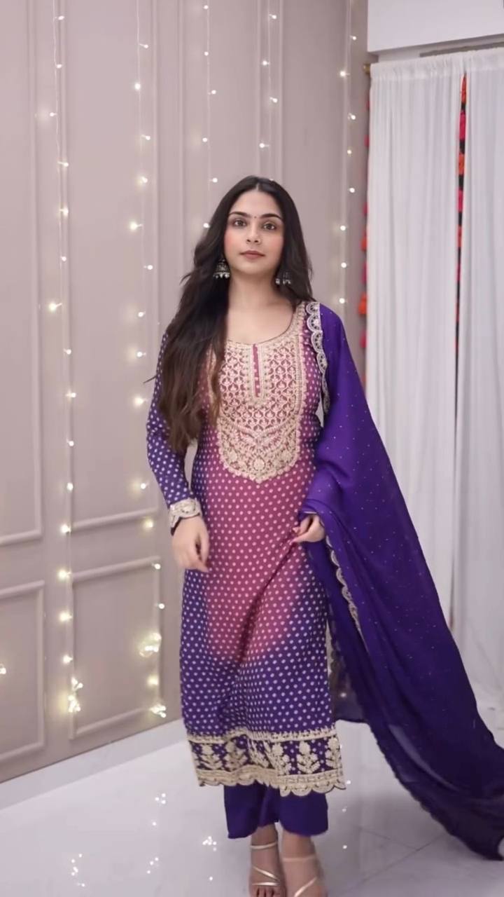 Purple Color Printed Chinon Designer Salwar Suit Set