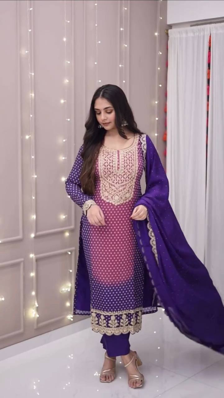 Purple Color Printed Chinon Designer Salwar Suit Set