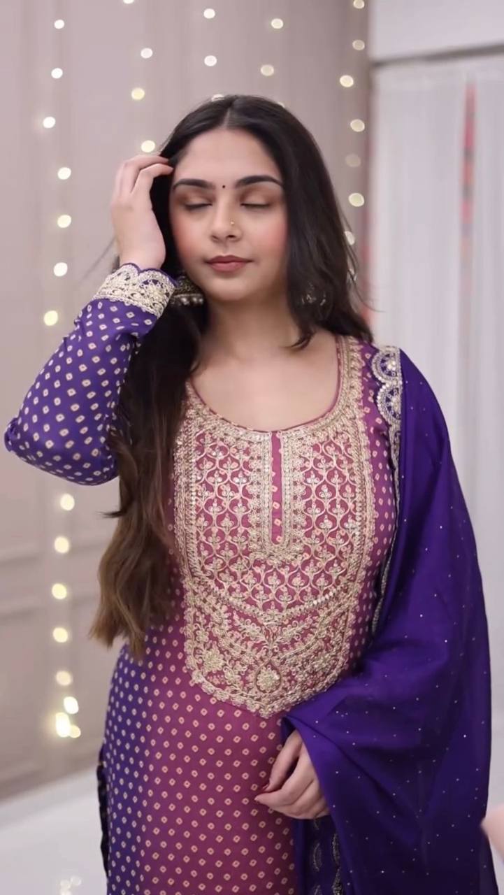 Purple Color Printed Chinon Designer Salwar Suit Set