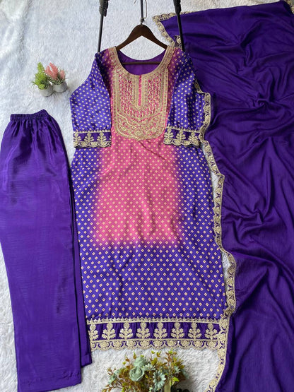 Purple Color Printed Chinon Designer Salwar Suit Set