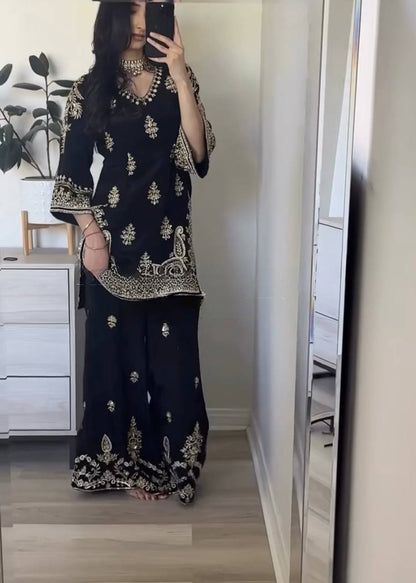 Wedding Wear Black Color Embroidered Designer Palazzo Suit