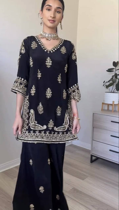Wedding Wear Black Color Embroidered Designer Palazzo Suit