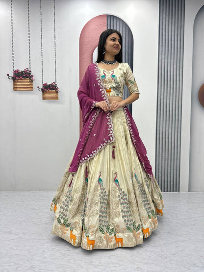 Wedding Wear Pure Tissue Silk With Heavy Thread And Sequence Work Designer Lehenga Choli
